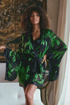 Silk Nightwear | Kimonos & Robes>Marjolaine Ambre Silk Blend Short Kimono AmbreMintPrint