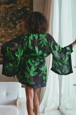 Silk Nightwear | Kimonos & Robes>Marjolaine Ambre Silk Blend Short Kimono AmbreMintPrint