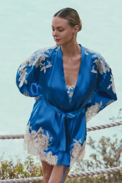 Silk Nightwear | Kimonos & Robes>Marjolaine Apolline Silk Short Robe in Blue