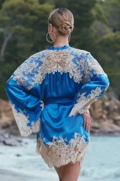 Silk Nightwear | Kimonos & Robes>Marjolaine Apolline Silk Short Robe in Blue