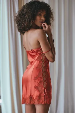 Nighties, Babydolls & Chemises | Silk Nightwear>Marjolaine Ava Silk Nightie with Lace in Ruby