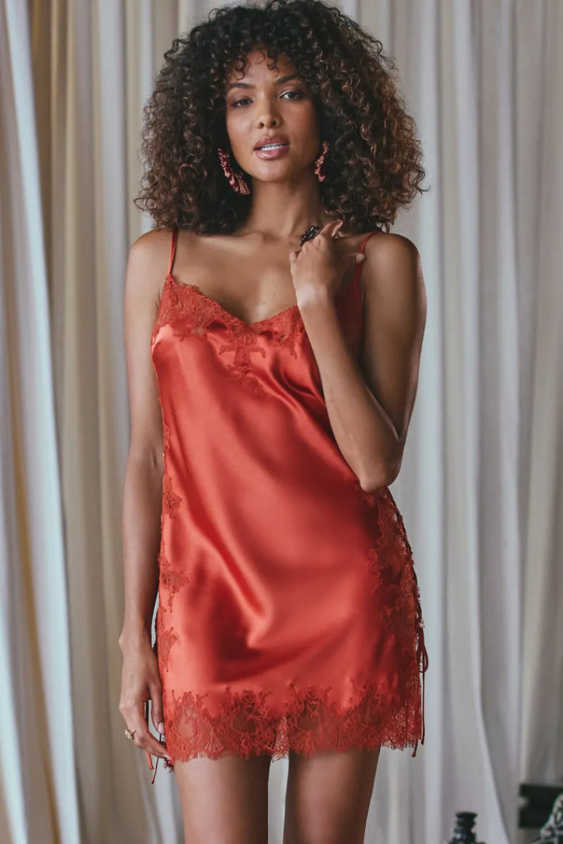 Nighties, Babydolls & Chemises | Silk Nightwear>Marjolaine Ava Silk Nightie with Lace in Ruby