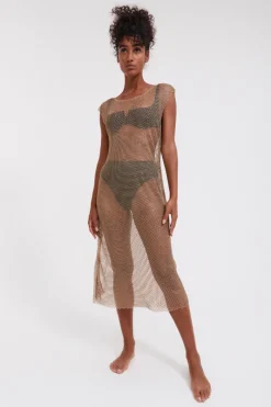 Beach & Resortwear>Gottex Flirtt Beige Rhinestone Mesh Beach Dress