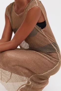 Beach & Resortwear>Gottex Flirtt Beige Rhinestone Mesh Beach Dress