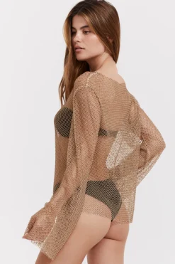 Beach & Resortwear>Gottex Flirtt Beige Rhinestone Mesh Beach Cover Up Shirt