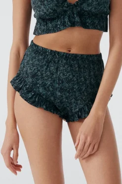 Silk Nightwear | Shorties>Else Botanist Silk Ruffled Shorts, Size S (UK 8-10) Cedar/Black