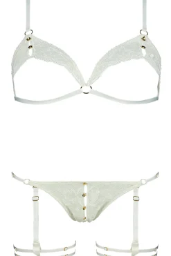 2 Piece Lingerie Sets | Lingerie Sets>Aubade Boîte à Désir Hot Moon Lace Open Triangle Bra & Openable Suspender Brief Opale