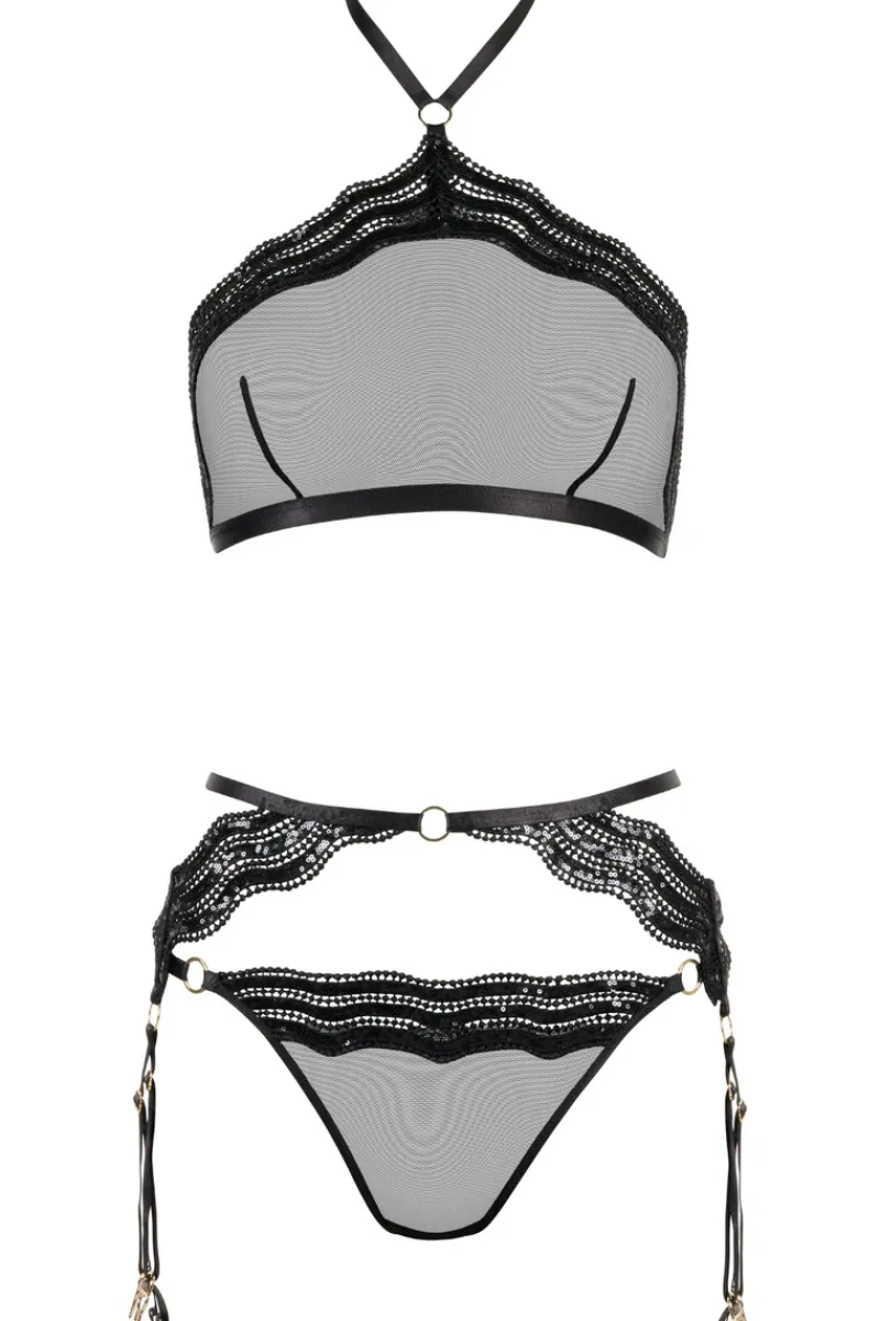 Lingerie Sets | 3 Piece Lingerie Sets>Aubade Boîte à Désir Sheer Sequin 3-piece Lingerie Set BlackOnyx