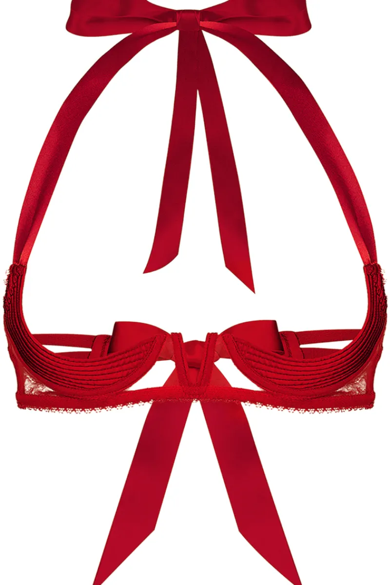 Red Lingerie | Sexy Lingerie>Cadolle Chic Satin & Mesh Quarter Cup Bra in Red