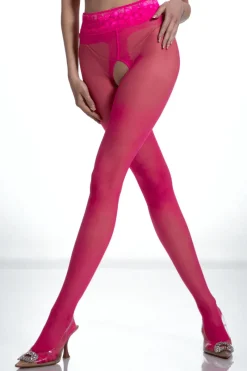 Crotchless Tights | £30 And Under>Amour Crotchless Lace Top Tights Magenta 30 Denier