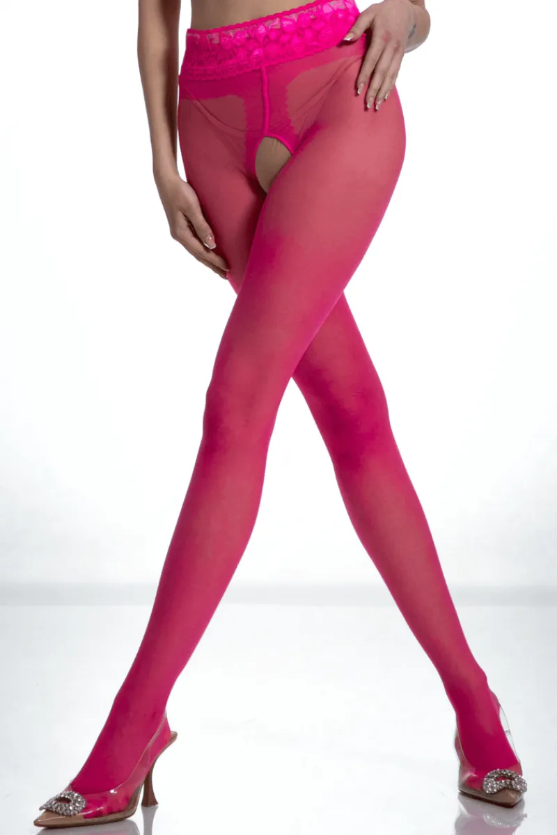 Crotchless Tights | £30 And Under>Amour Crotchless Lace Top Tights Magenta 30 Denier