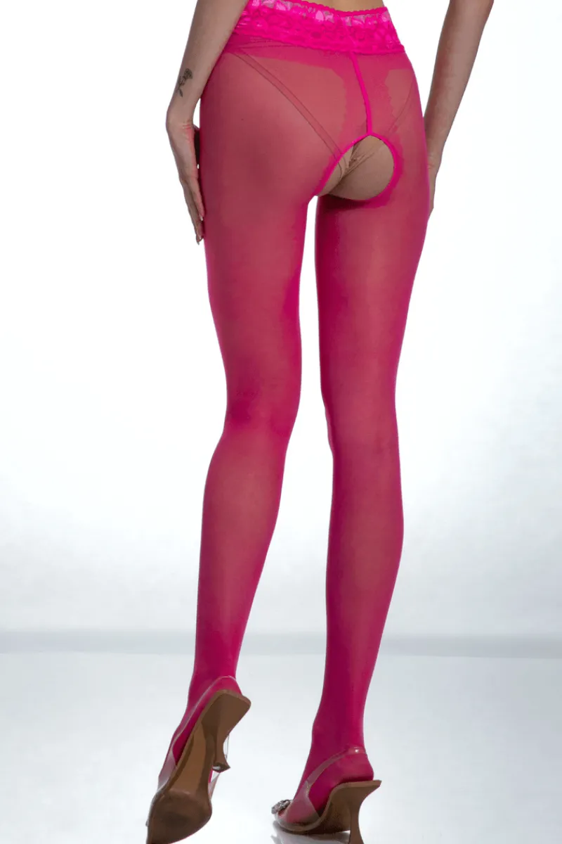 Crotchless Tights | £30 And Under>Amour Crotchless Lace Top Tights Magenta 30 Denier