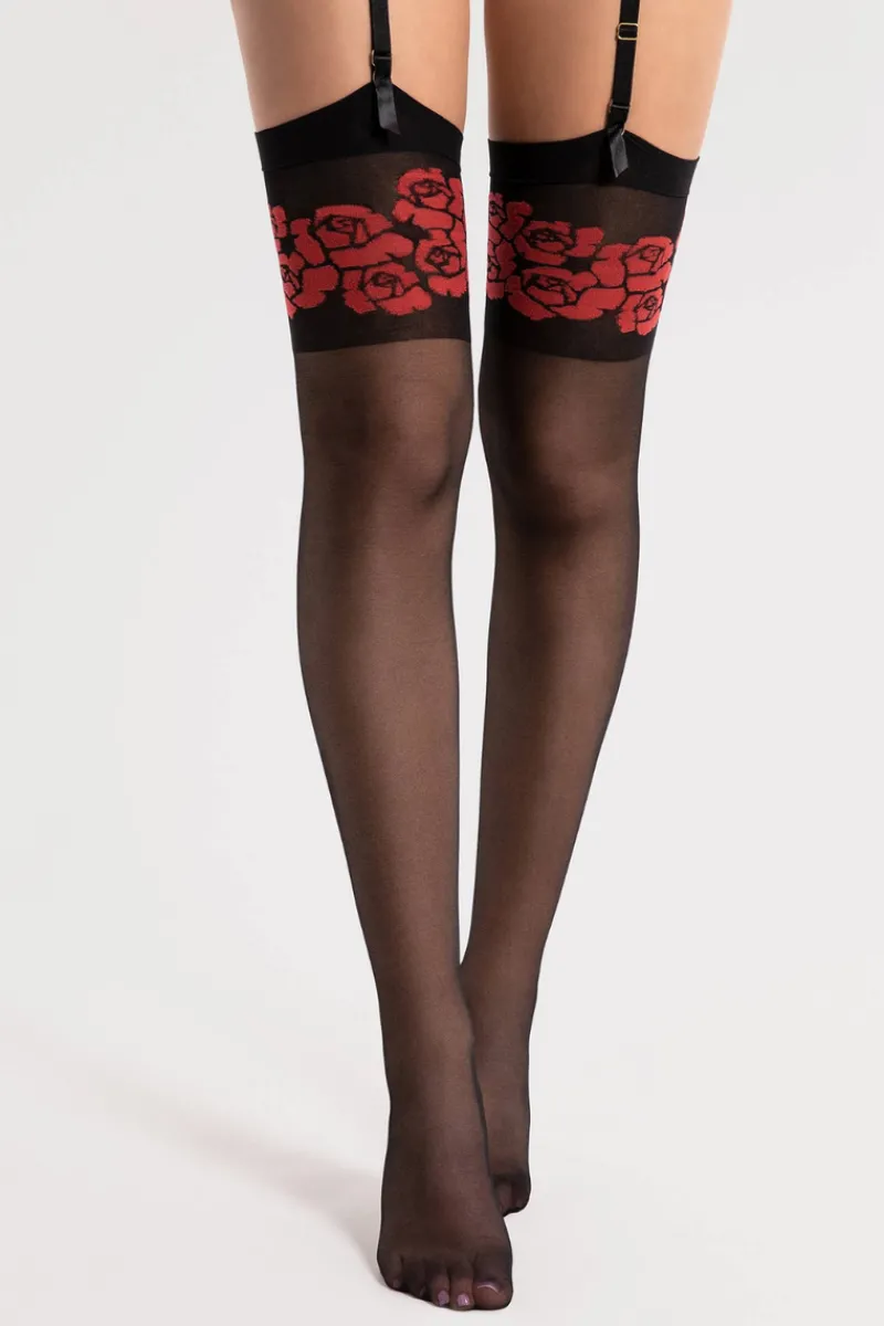 Sheer Stockings | Red Lingerie>FiORE Destin Stockings 20 Denier Black/Red