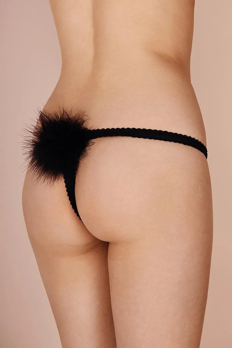 Thongs & G-strings>Gilda u0026 Pearl Diana Silk & Marabou Feather Pom Pom Thong, Size M (UK 10-12) Black