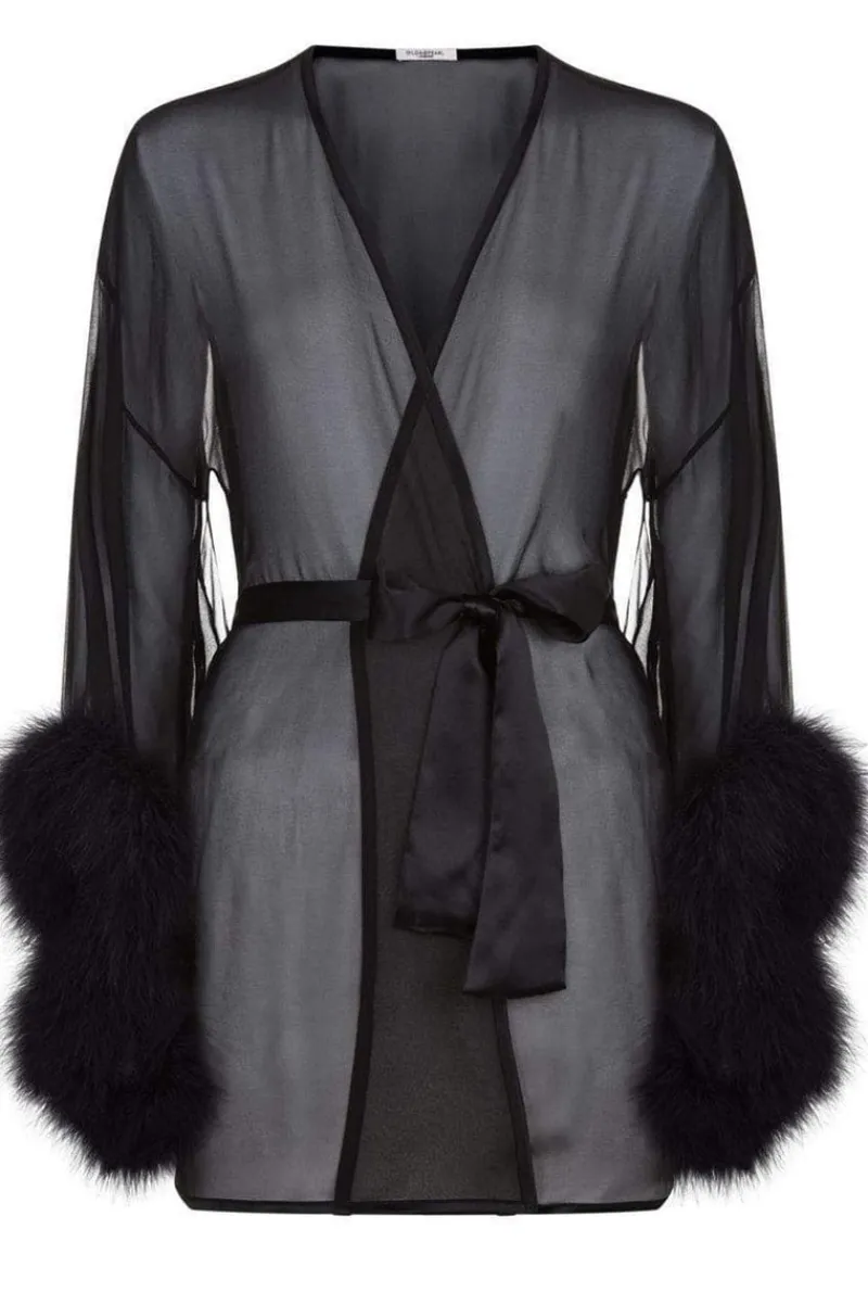 Silk Nightwear | Kimonos & Robes>Gilda u0026 Pearl Diana Silk & Marabou Feather Kimono Black