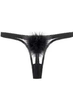 Thongs & G-strings>Gilda u0026 Pearl Diana Silk & Marabou Feather Pom Pom Thong, Size M (UK 10-12) Black