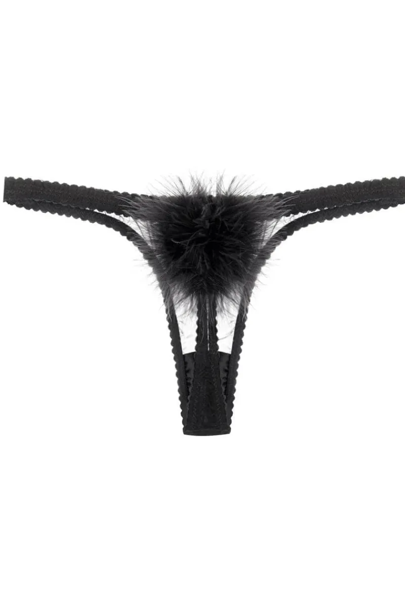 Thongs & G-strings>Gilda u0026 Pearl Diana Silk & Marabou Feather Pom Pom Thong, Size M (UK 10-12) Black