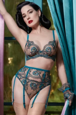 Sheer Lingerie | Suspender Belts>Dita Von Teese Evelina Lurex Suspender Peacock