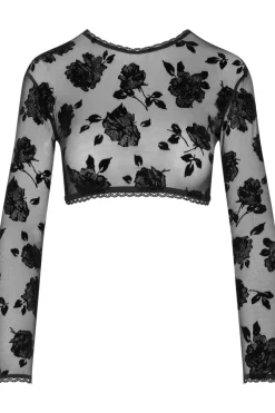Sexy Lingerie | Luxury French Lingerie>Cadolle Flocked Mesh Long Sleeve Crop Top Black