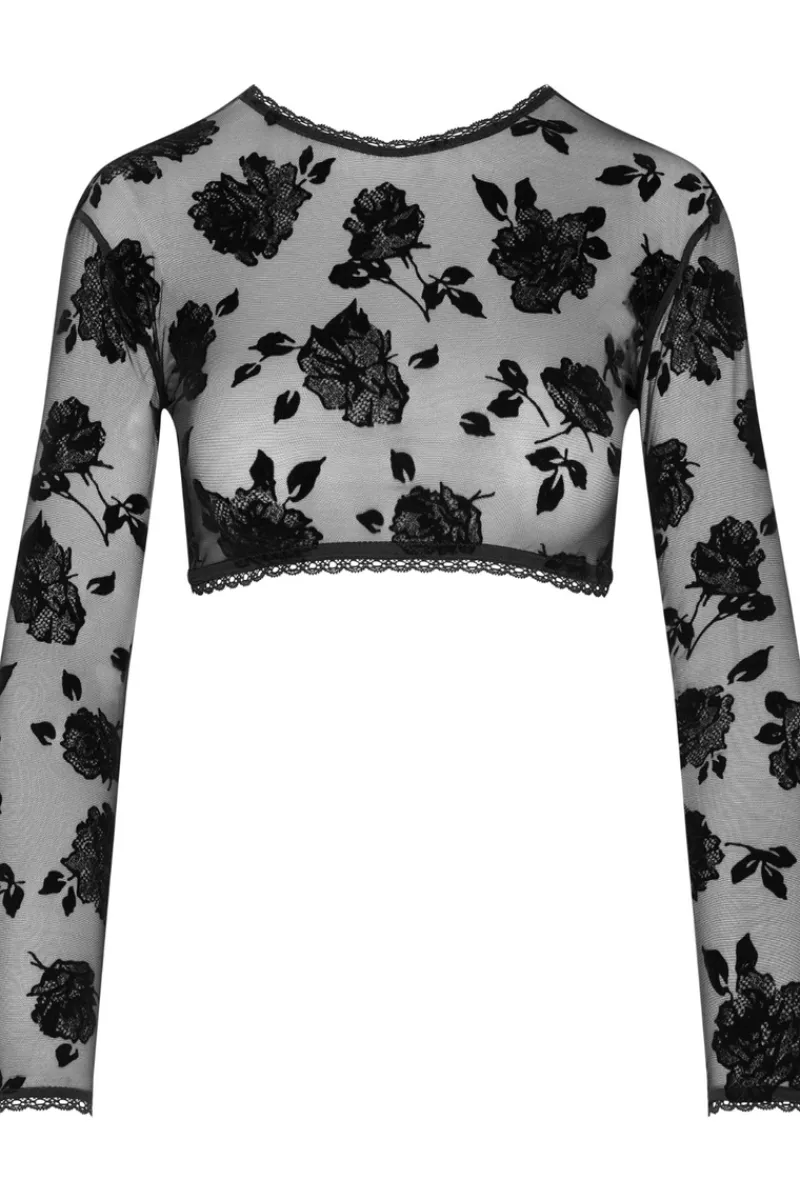 Sexy Lingerie | Luxury French Lingerie>Cadolle Flocked Mesh Long Sleeve Crop Top Black