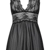 Nighties, Babydolls & Chemises | Sexy Lingerie>Cadolle Grace Lace & Striped Chiffon Nightie, Size S (UK 10) Black