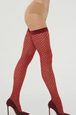 Sheer Hold Ups | Red Lingerie>Wolford Heart Pattern Stay-Ups Soft Cherry 20 Denier