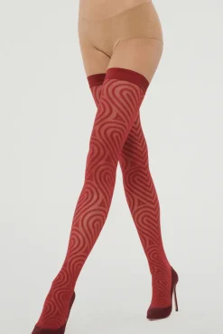 Sheer Hold Ups | Red Lingerie>Wolford Heart Pattern Stay-Ups Soft Cherry 20 Denier