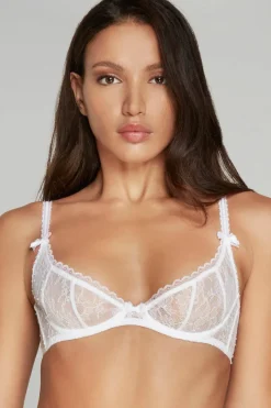 Bridal & Honeymoon Lingerie | Sheer Lingerie>Agent Provocateur Hinda Demi Cup Plunge Bra White, Size UK 32D