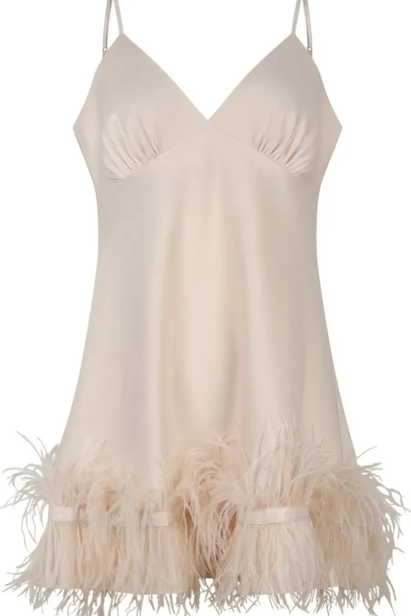 Nighties, Babydolls & Chemises | Bridal & Honeymoon Lingerie>Love Stories Honey Marabou Feather Trim Satin Slip Dress, Size XS (UK 6) OffWhite