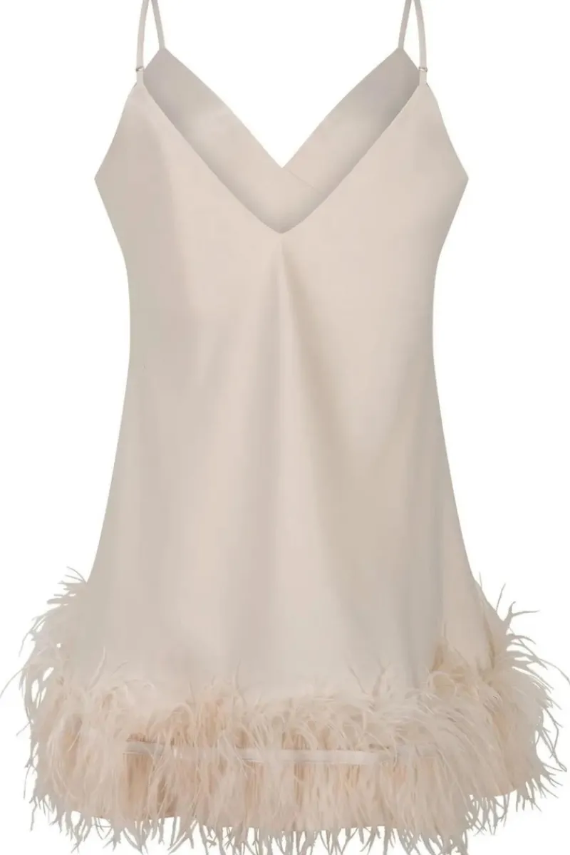 Nighties, Babydolls & Chemises | Bridal & Honeymoon Lingerie>Love Stories Honey Marabou Feather Trim Satin Slip Dress, Size XS (UK 6) OffWhite