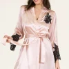 Silk Nightwear | Kimonos & Robes>Clara Rossi Italian Silk Robe Blush/Black