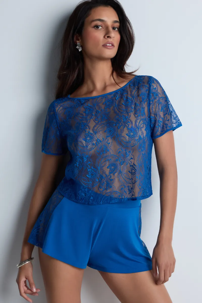 Pyjama Tops | Sexy Lingerie>Aubade Lazy Days Short Sleeve Lace Top in Blue