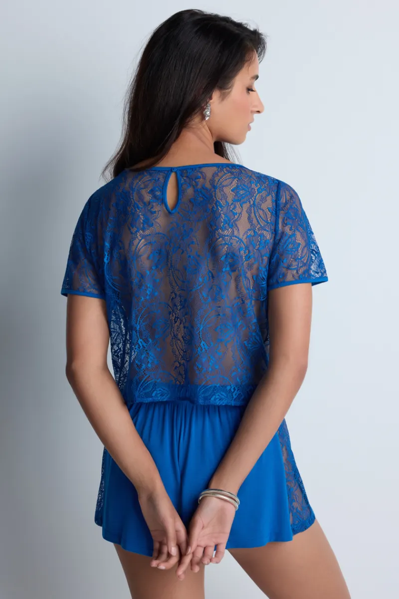 Pyjama Tops | Sexy Lingerie>Aubade Lazy Days Short Sleeve Lace Top in Blue