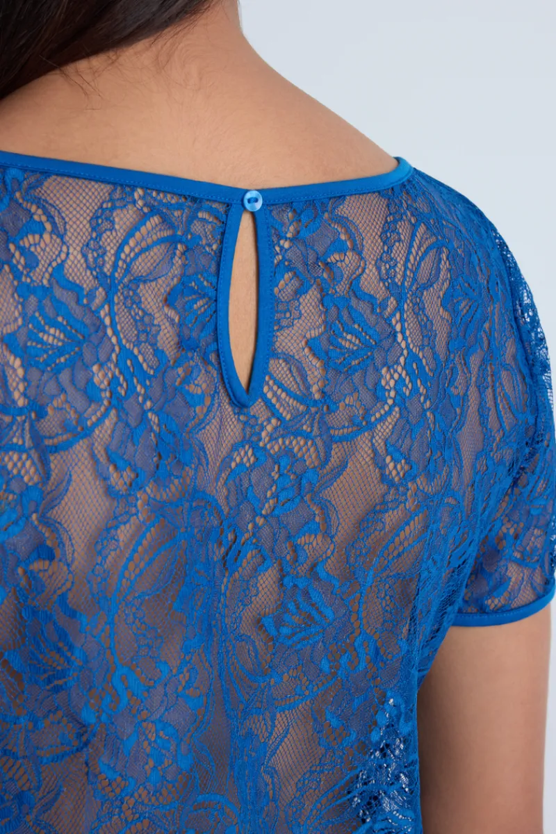 Pyjama Tops | Sexy Lingerie>Aubade Lazy Days Short Sleeve Lace Top in Blue