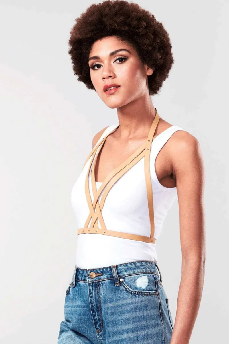 Pleasure | Harnesses>Bijoux Indiscrets Maze Vegan Leather Halter Bra Harness Light Brown