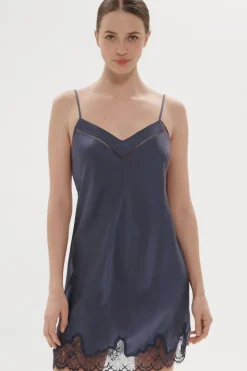Silk Nightwear | Nighties, Babydolls & Chemises>Simone Pérèle Nocturne Silk Nightdress Cinder Blue, Size 4 (UK 14-16)