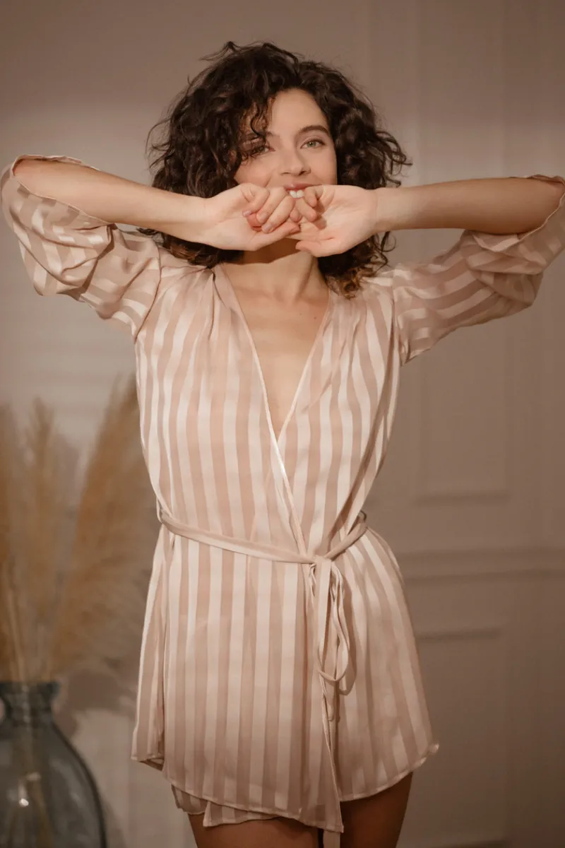 Kimonos & Robes | Sexy Lingerie>Cadolle Nude Striped Chiffon Robe NudeStripes