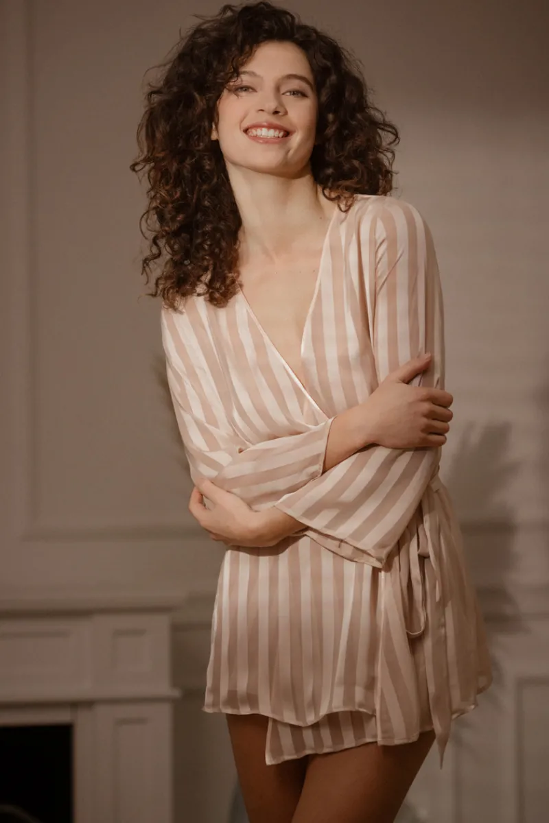 Kimonos & Robes | Sexy Lingerie>Cadolle Nude Striped Chiffon Robe NudeStripes