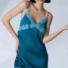 Nighties, Babydolls & Chemises | Luxury French Lingerie>Simone Pérèle Satin Secrets Nightdress Cyan Blue, Size 2 (UK 10-12)