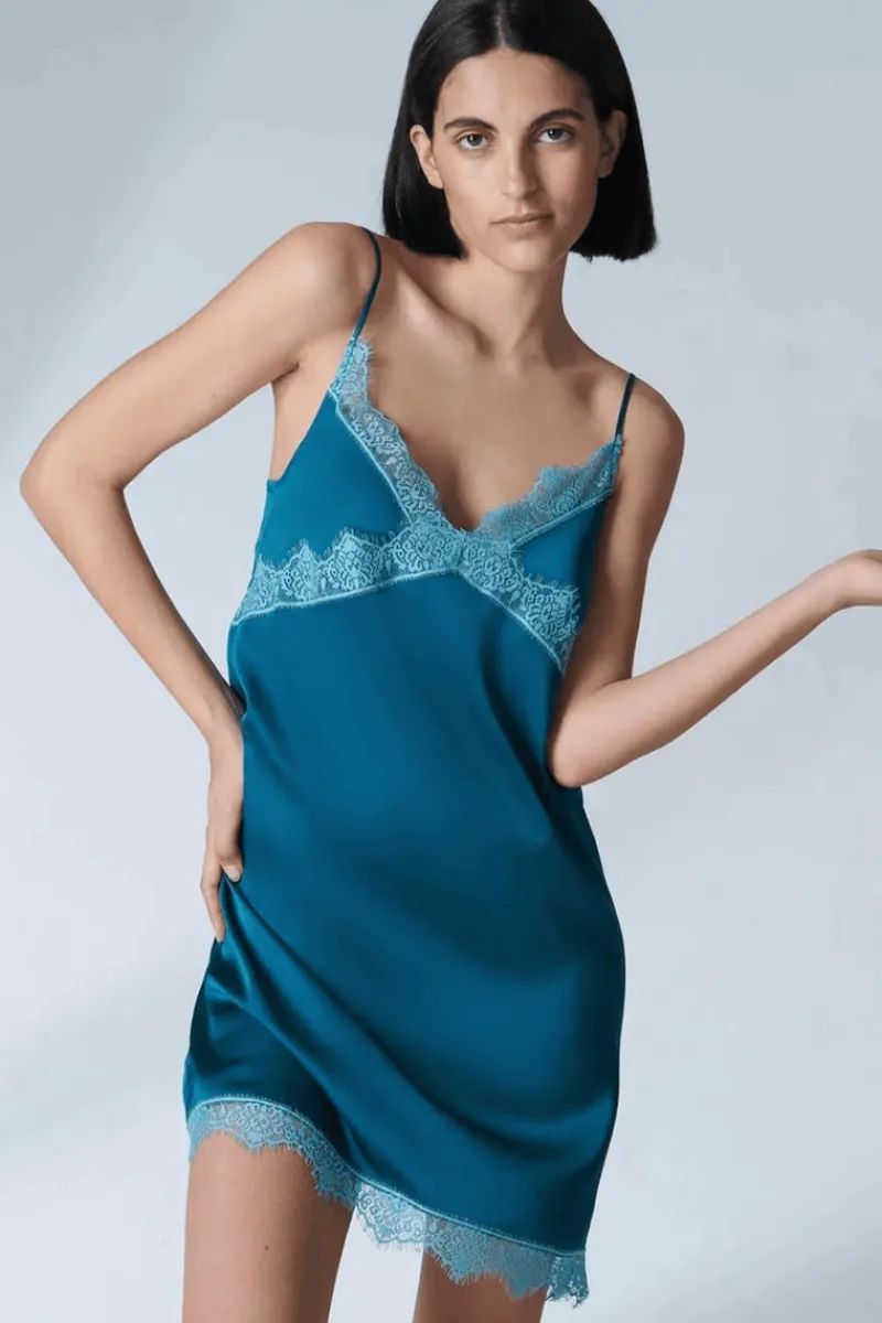 Nighties, Babydolls & Chemises | Luxury French Lingerie>Simone Pérèle Satin Secrets Nightdress Cyan Blue, Size 2 (UK 10-12)