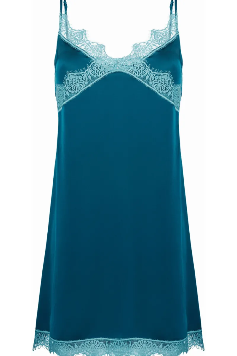 Nighties, Babydolls & Chemises | Luxury French Lingerie>Simone Pérèle Satin Secrets Nightdress Cyan Blue, Size 2 (UK 10-12)