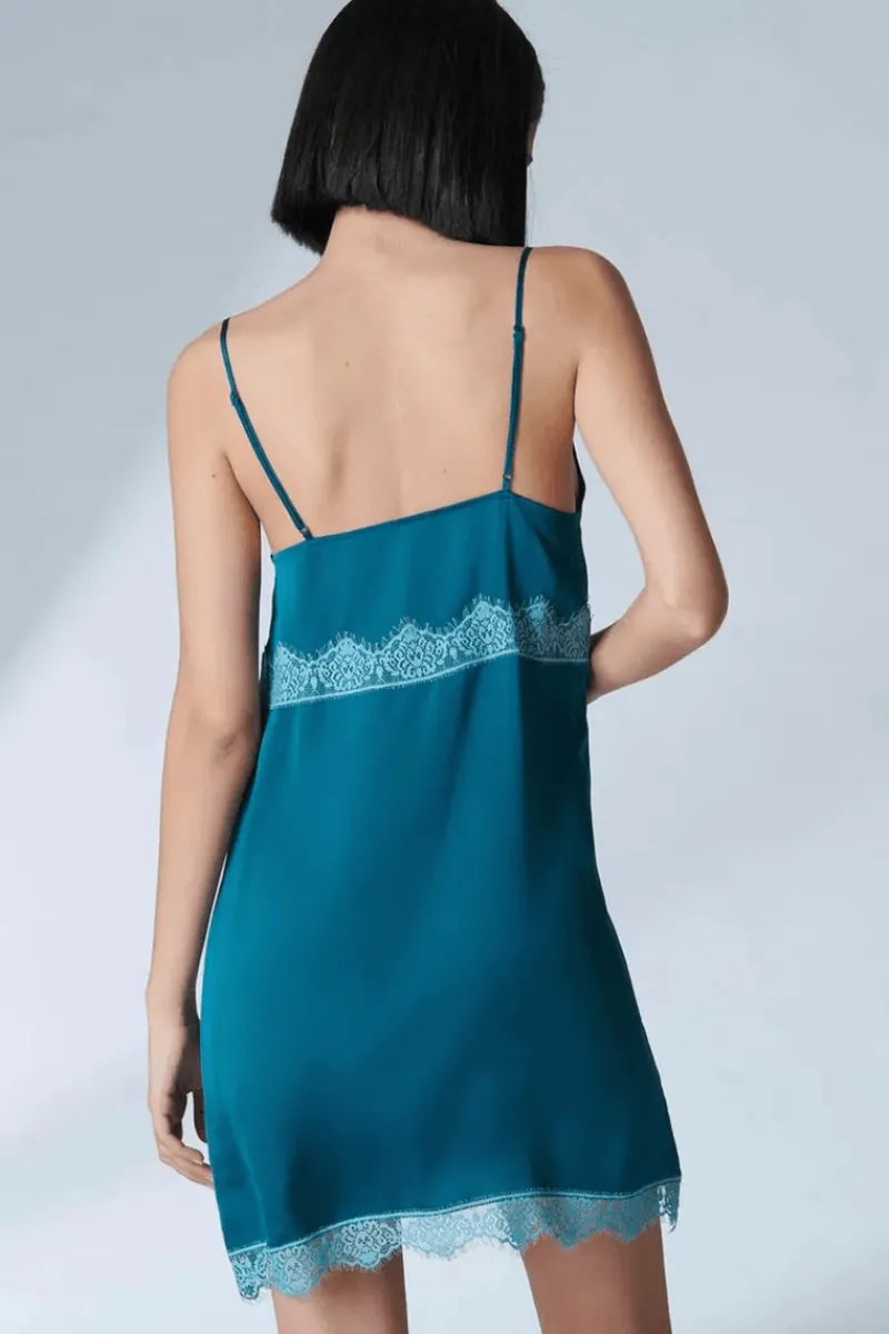 Nighties, Babydolls & Chemises | Luxury French Lingerie>Simone Pérèle Satin Secrets Nightdress Cyan Blue, Size 2 (UK 10-12)