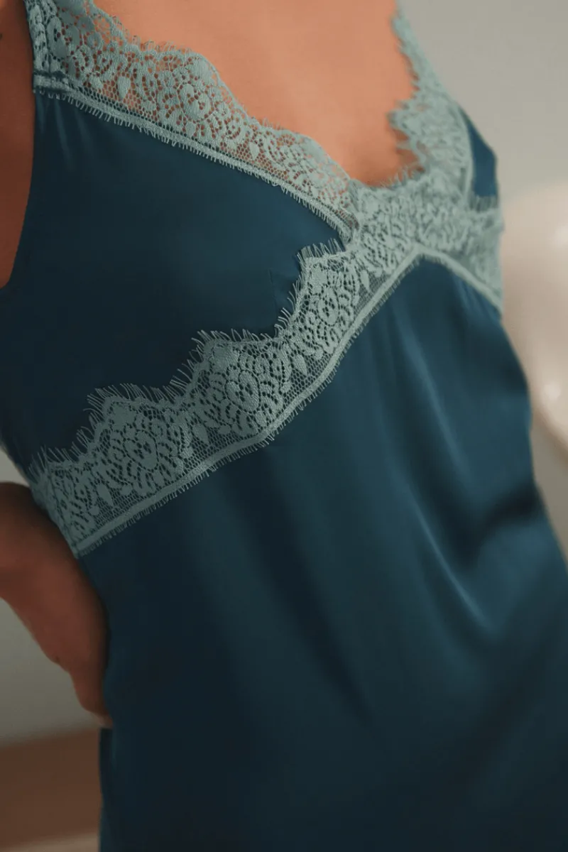 Nighties, Babydolls & Chemises | Luxury French Lingerie>Simone Pérèle Satin Secrets Nightdress Cyan Blue, Size 2 (UK 10-12)