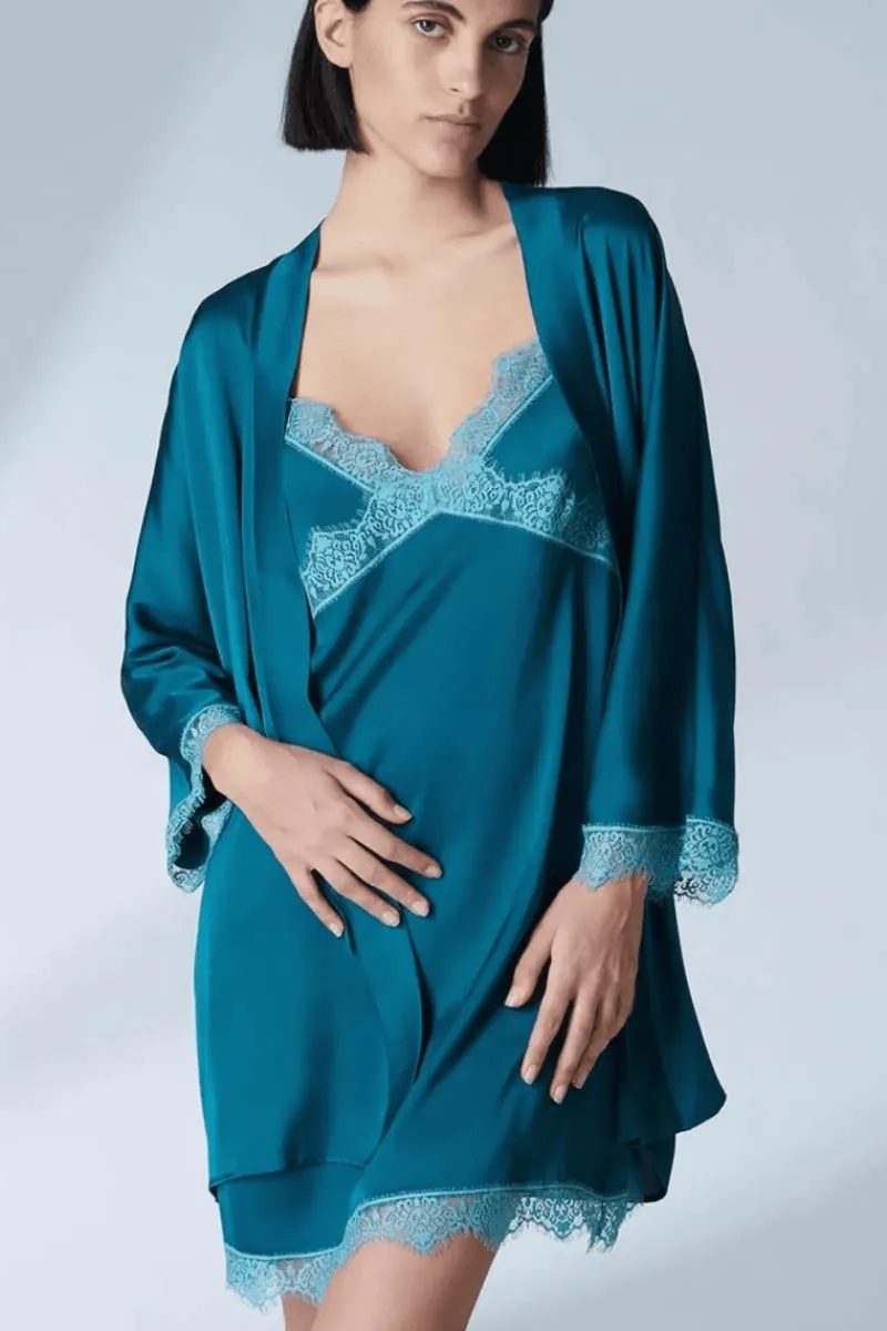 Nighties, Babydolls & Chemises | Luxury French Lingerie>Simone Pérèle Satin Secrets Nightdress Cyan Blue, Size 2 (UK 10-12)