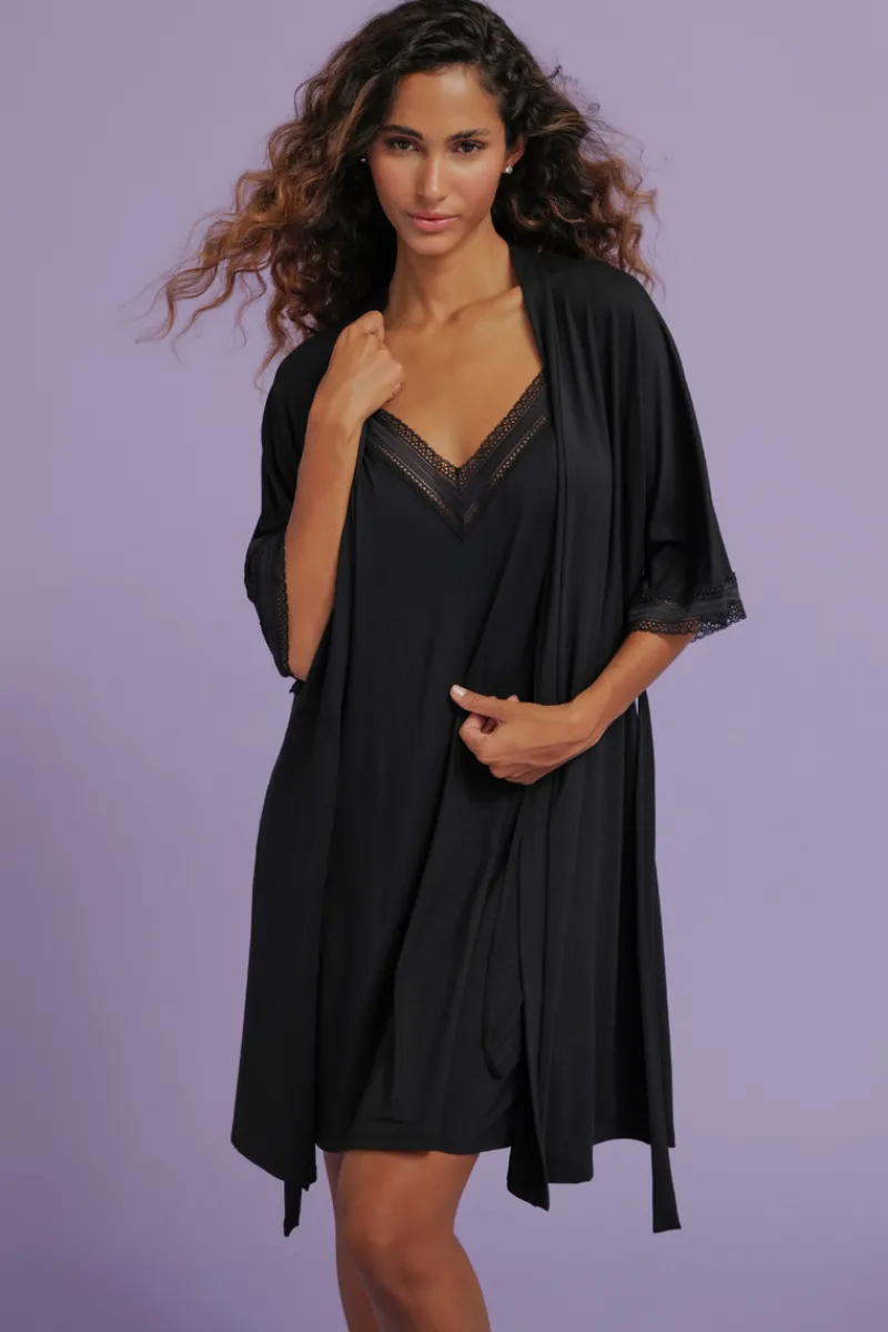 Kimonos & Robes | Mother's Day>Antigel Simply Graphic Mid-Length Robe in Black