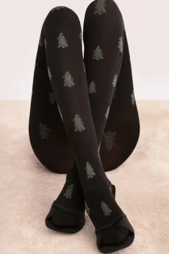 Black Tights | Patterned Tights>FiORE So Quiet Christmas Tree Pattern Tights 60 Denier Black