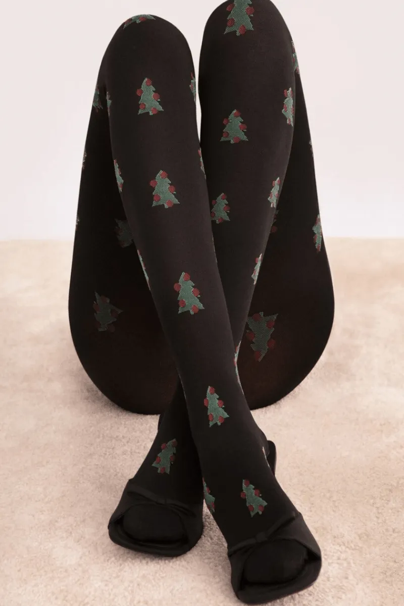 Black Tights | Patterned Tights>FiORE So Quiet Christmas Tree Pattern Tights 60 Denier Black