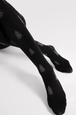Black Tights | Patterned Tights>FiORE So Quiet Christmas Tree Pattern Tights 60 Denier Black