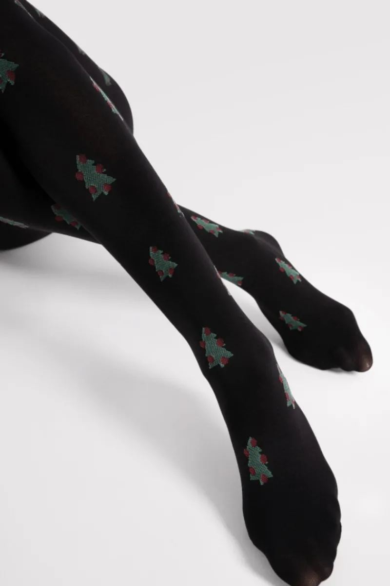Black Tights | Patterned Tights>FiORE So Quiet Christmas Tree Pattern Tights 60 Denier Black