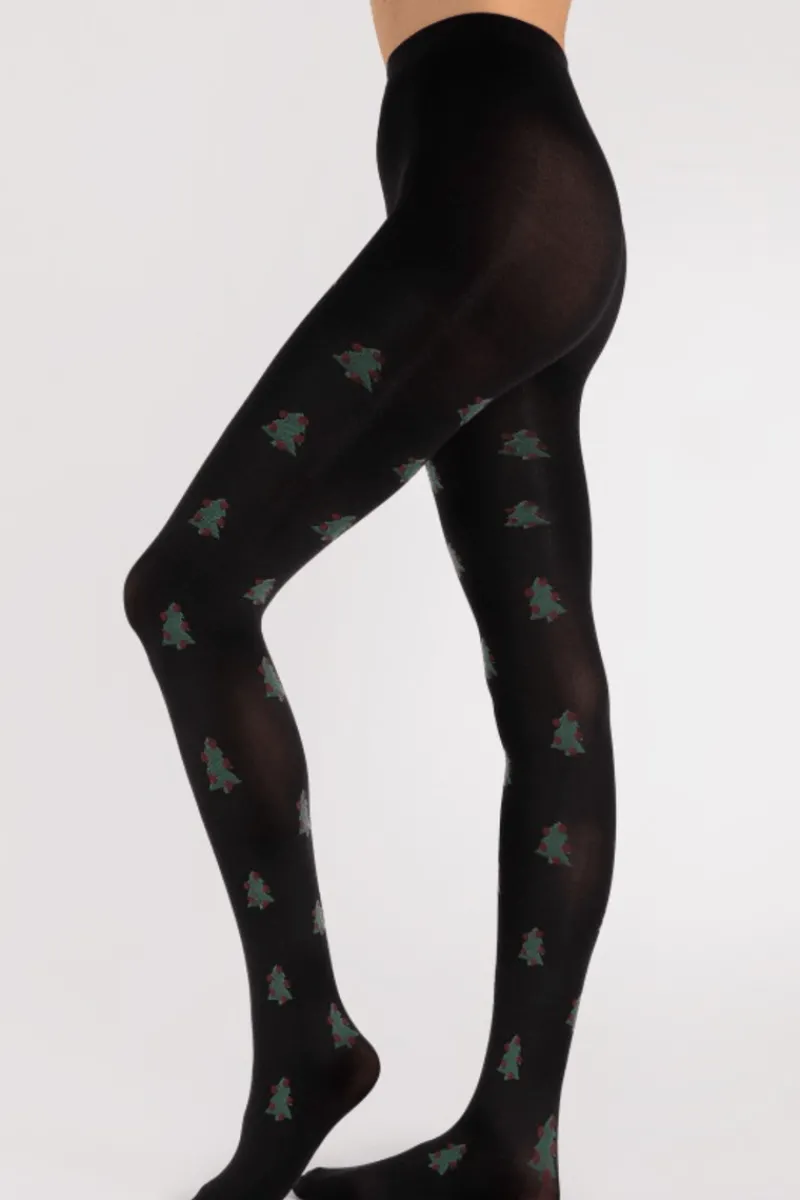 Black Tights | Patterned Tights>FiORE So Quiet Christmas Tree Pattern Tights 60 Denier Black